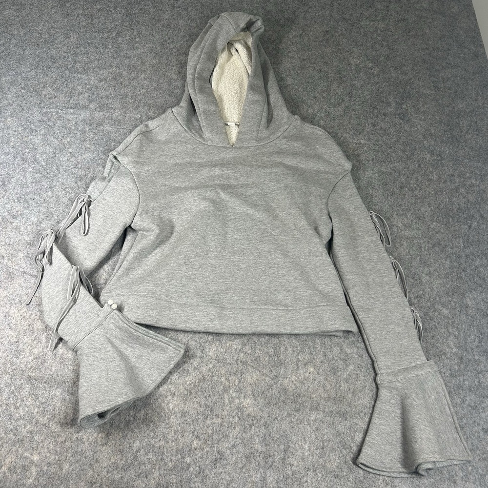 Jonathan Simkhai Hoodie XS Crop Sweatshirt Grey Bow Tie Detail Bell Sleeve Flaw